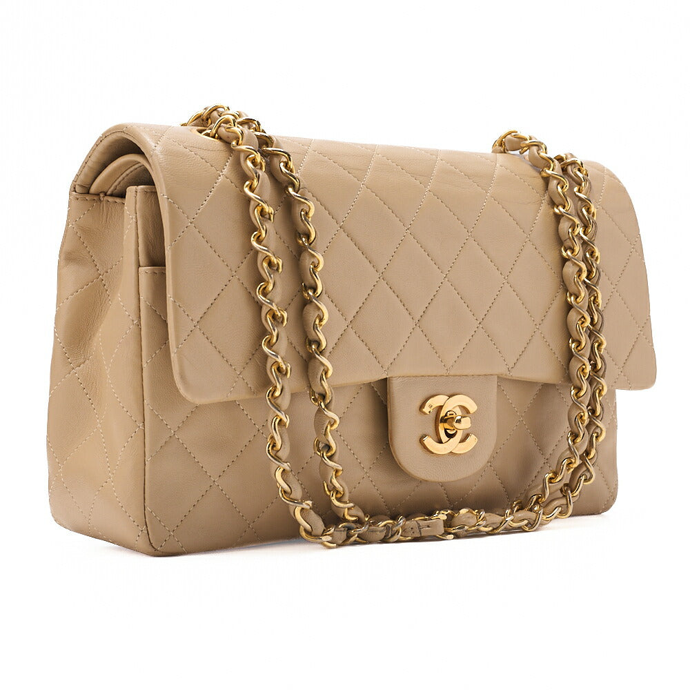 CHANEL Lambskin Matelasse 25cm Double Flap Chain Shoulder Beige Gold-Tone Hardware, Pre-Owned