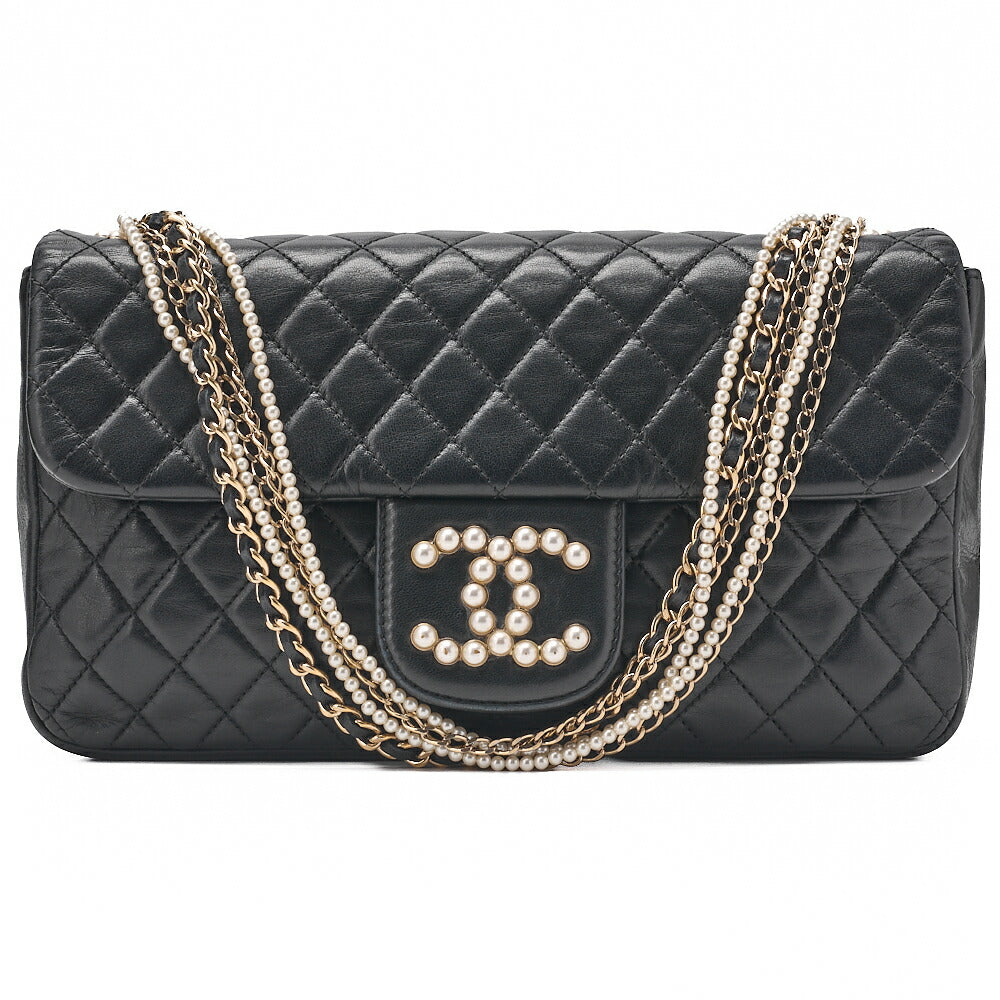 CHANEL Lambskin Matelasse 25cm Westminster Pearl Chain Hand Black Gold-Tone Hardware, Pre-Owned