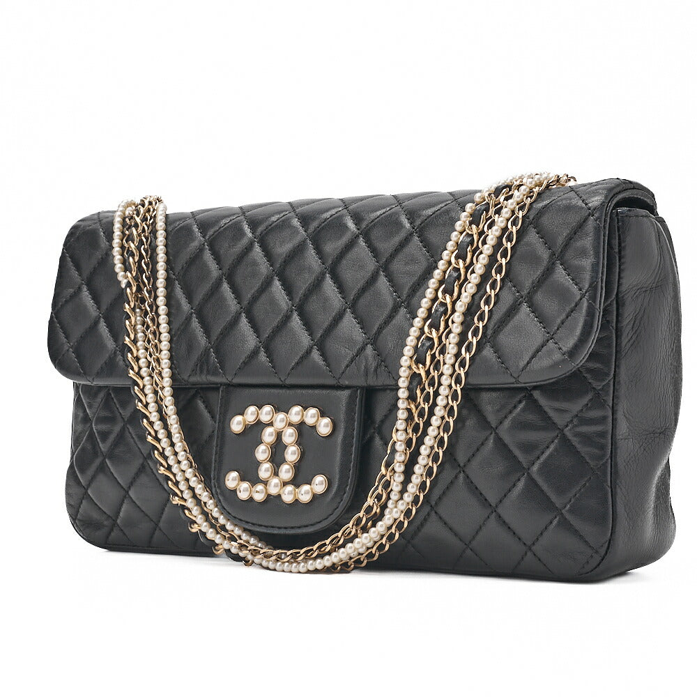 CHANEL Lambskin Matelasse 25cm Westminster Pearl Chain Hand Black Gold-Tone Hardware, Pre-Owned