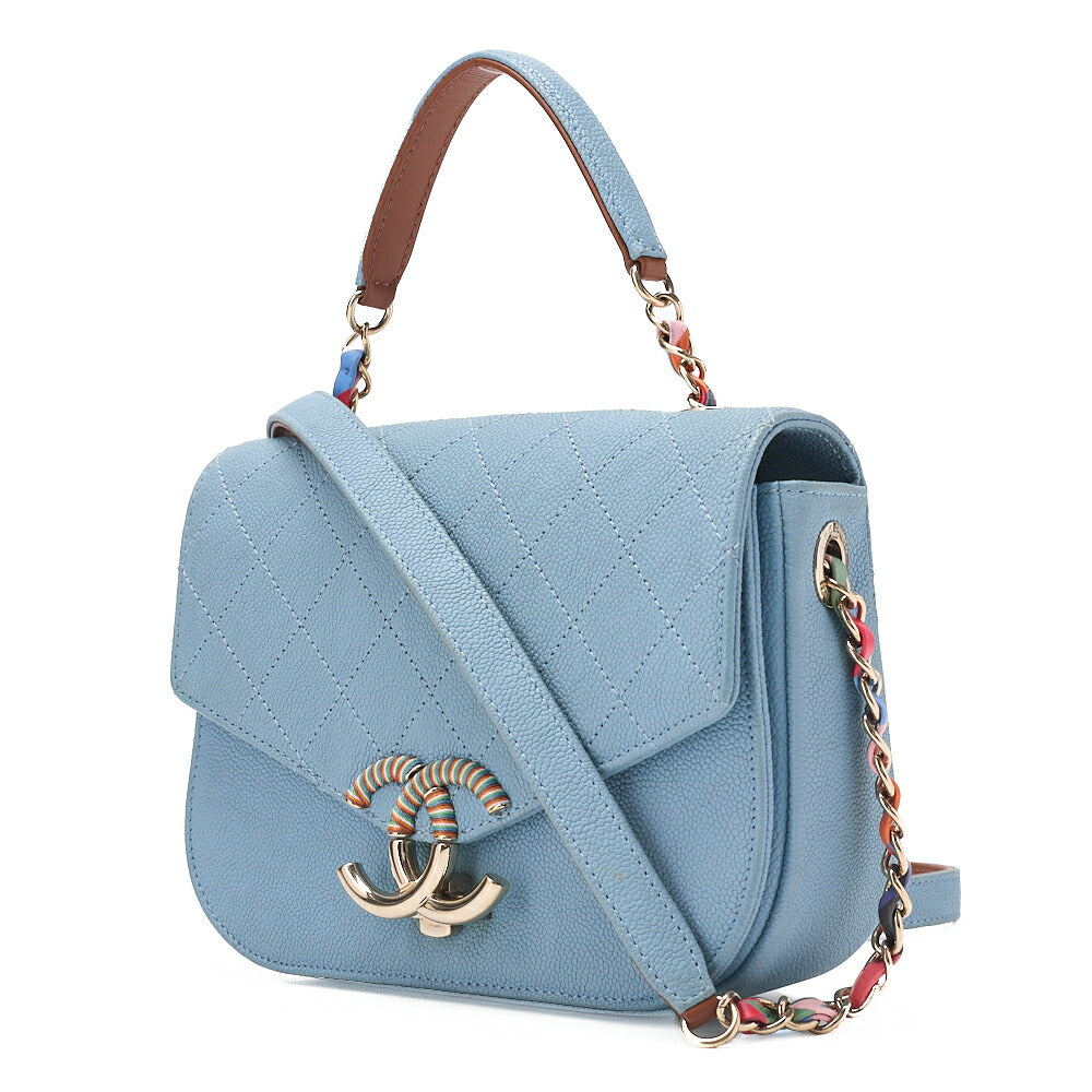 CHANEL Matelasse Half Coco Mark 2WAY Shoulder Caviar Skin Blue Multicolor Gold-Tone Hardware, Pre-Owned