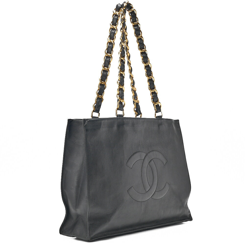 CHANEL Lambskin Big Coco Mark Giant Chain Tote Black Gold-Tone Hardware, Pre-Owned