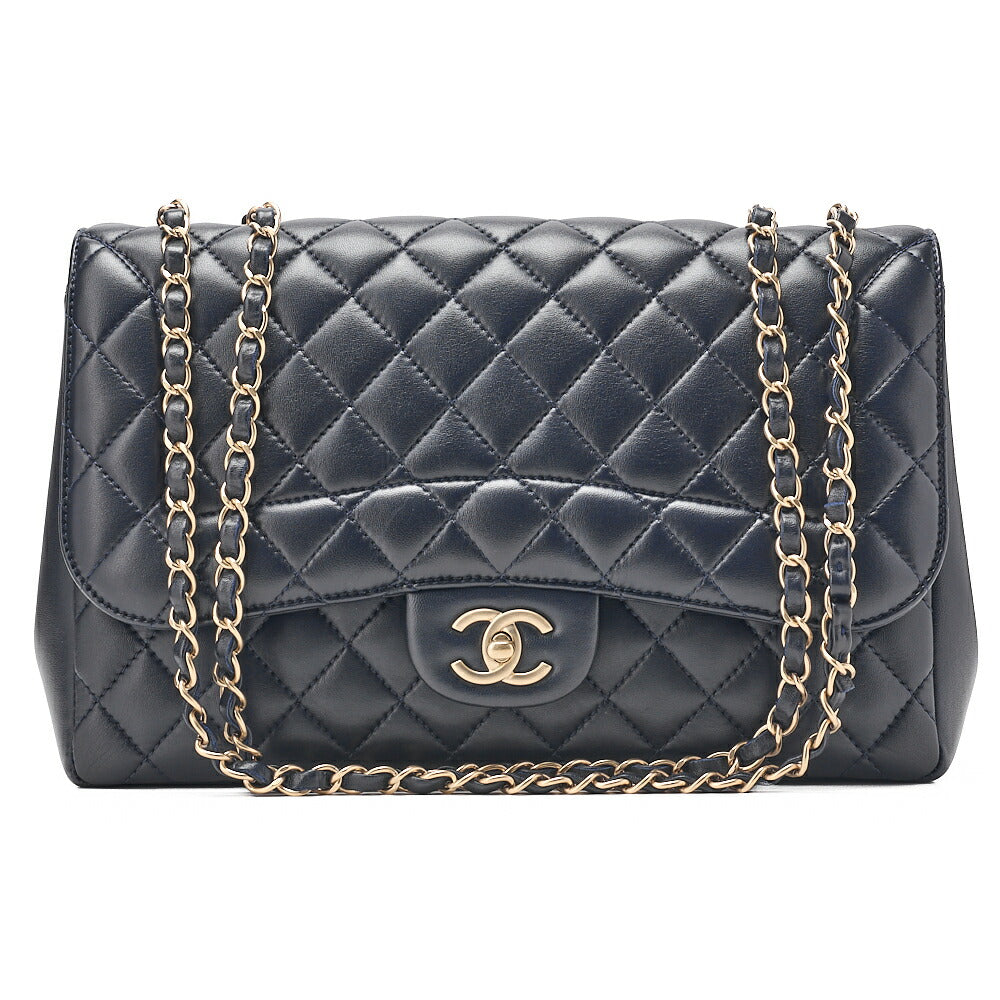CHANEL Deca Matelasse 30 Single Flap Chain Shoulder Bag Lambskin Navy Champagne Gold-Tone Hardware, Pre-Owned