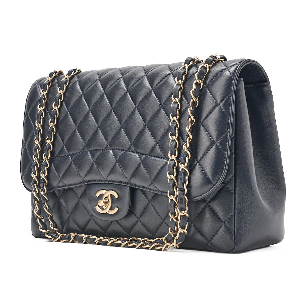 CHANEL Deca Matelasse 30 Single Flap Chain Shoulder Bag Lambskin Navy Champagne Gold-Tone Hardware, Pre-Owned