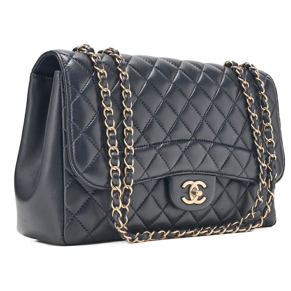 CHANEL Deca Matelasse 30 Single Flap Chain Shoulder Bag Lambskin Navy Champagne Gold-Tone Hardware, Pre-Owned