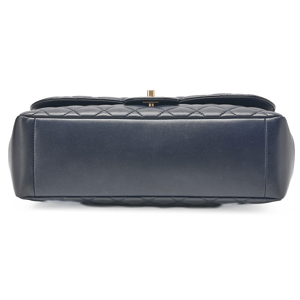 CHANEL Deca Matelasse 30 Single Flap Chain Shoulder Bag Lambskin Navy Champagne Gold-Tone Hardware, Pre-Owned
