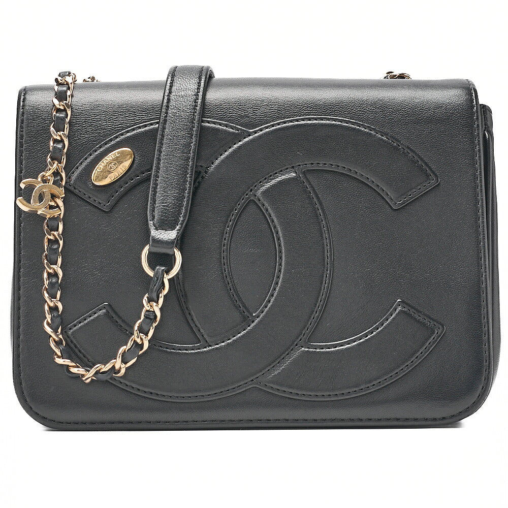 CHANEL Lambskin Big Coco Mark Full Flap Chain Shoulder Bag Black Gold-Tone Hardware, Pre-Owned