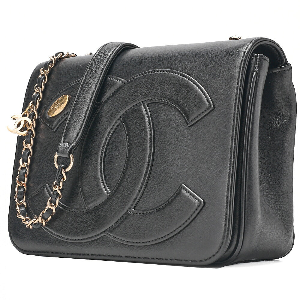 CHANEL Lambskin Big Coco Mark Full Flap Chain Shoulder Bag Black Gold-Tone Hardware, Pre-Owned