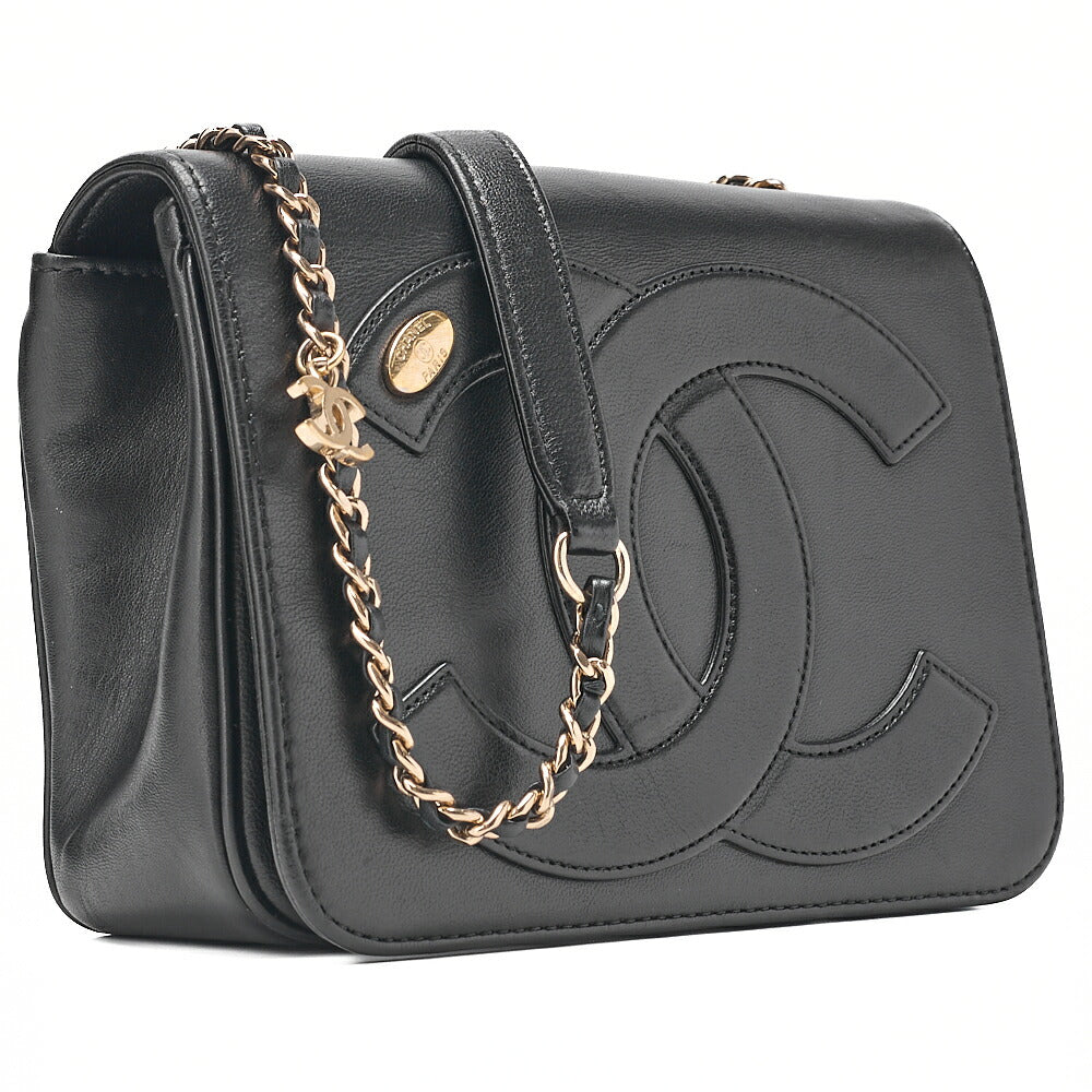 CHANEL Lambskin Big Coco Mark Full Flap Chain Shoulder Bag Black Gold-Tone Hardware, Pre-Owned