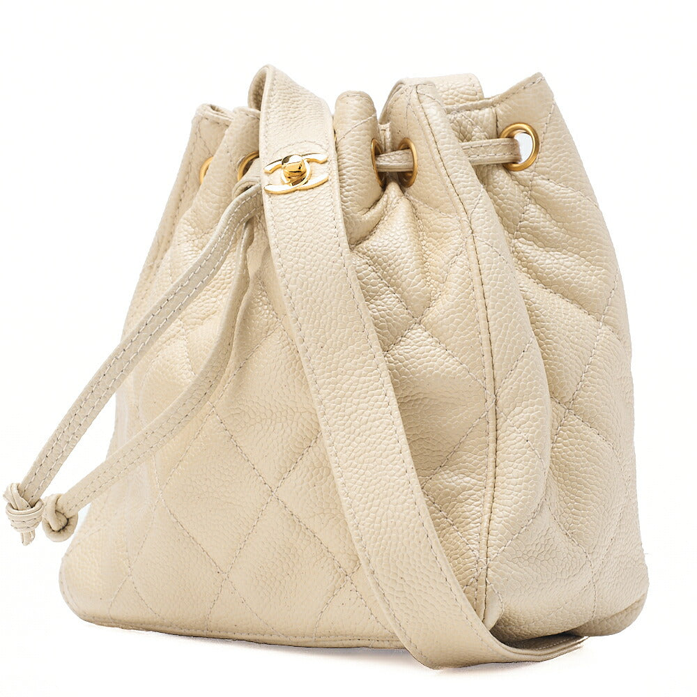 CHANEL Shoulder Bag Caviar Skin Drawstring Coco Mark Beige Gold-Tone Hardware, Pre-Owned