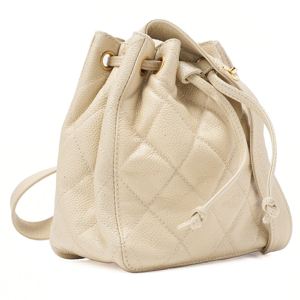 CHANEL Shoulder Bag Caviar Skin Drawstring Coco Mark Beige Gold-Tone Hardware, Pre-Owned