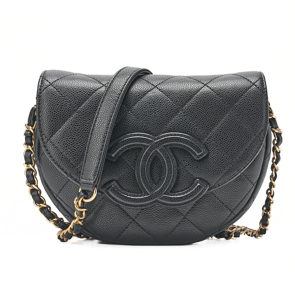 CHANEL Matelasse Coco Mark Half Moon Chain Shoulder Bag Caviar Skin Black Gold-Tone Hardware, Pre-Owned