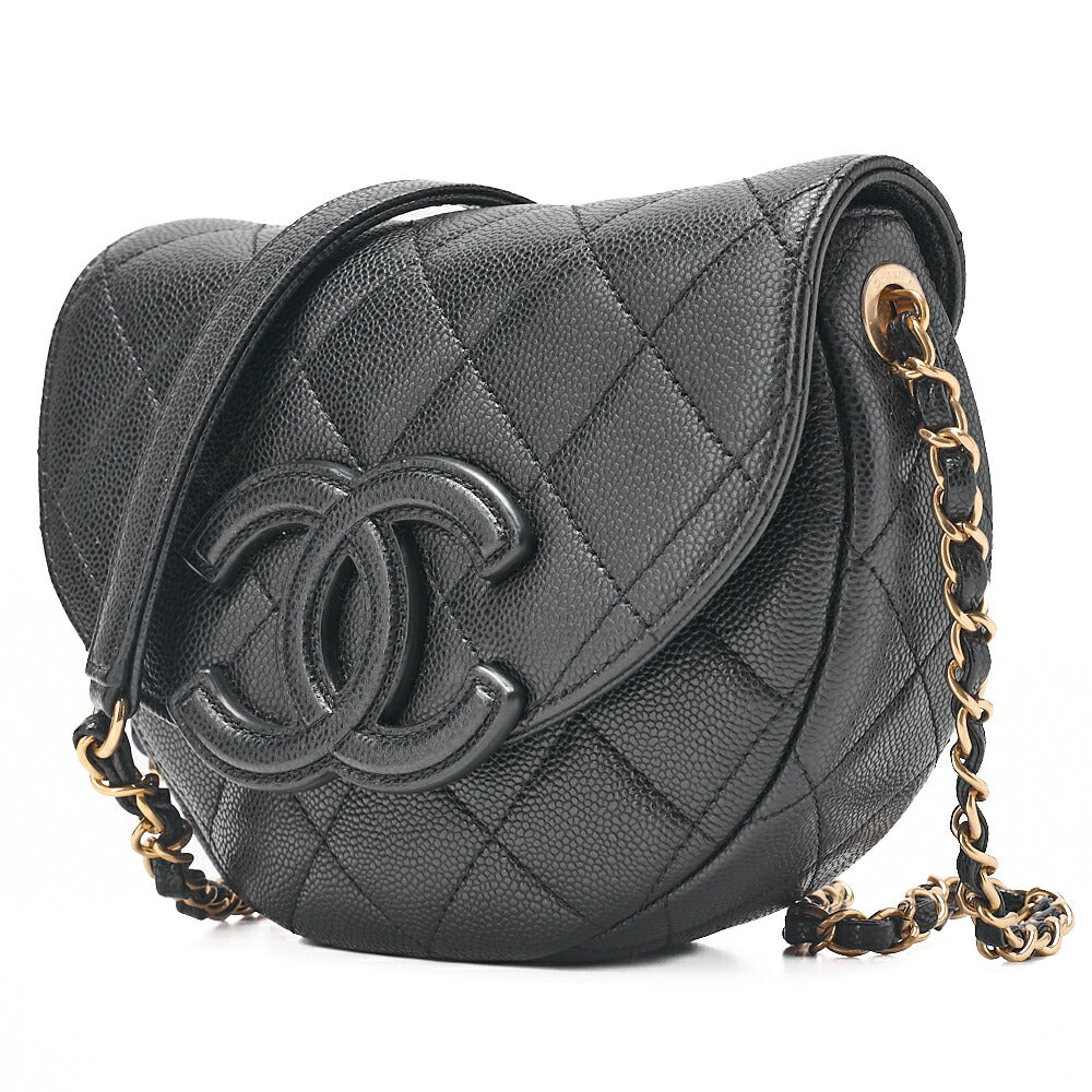CHANEL Matelasse Coco Mark Half Moon Chain Shoulder Bag Caviar Skin Black Gold-Tone Hardware, Pre-Owned