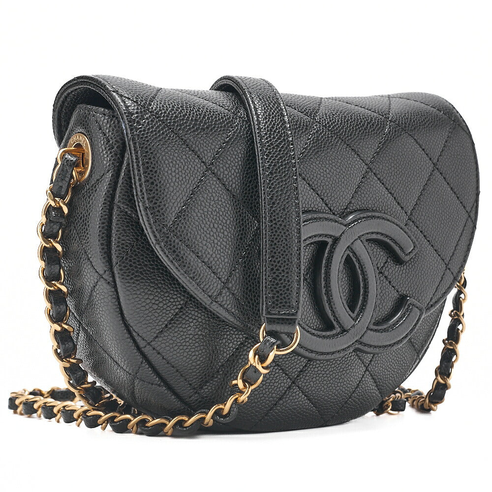 CHANEL Matelasse Coco Mark Half Moon Chain Shoulder Bag Caviar Skin Black Gold-Tone Hardware, Pre-Owned