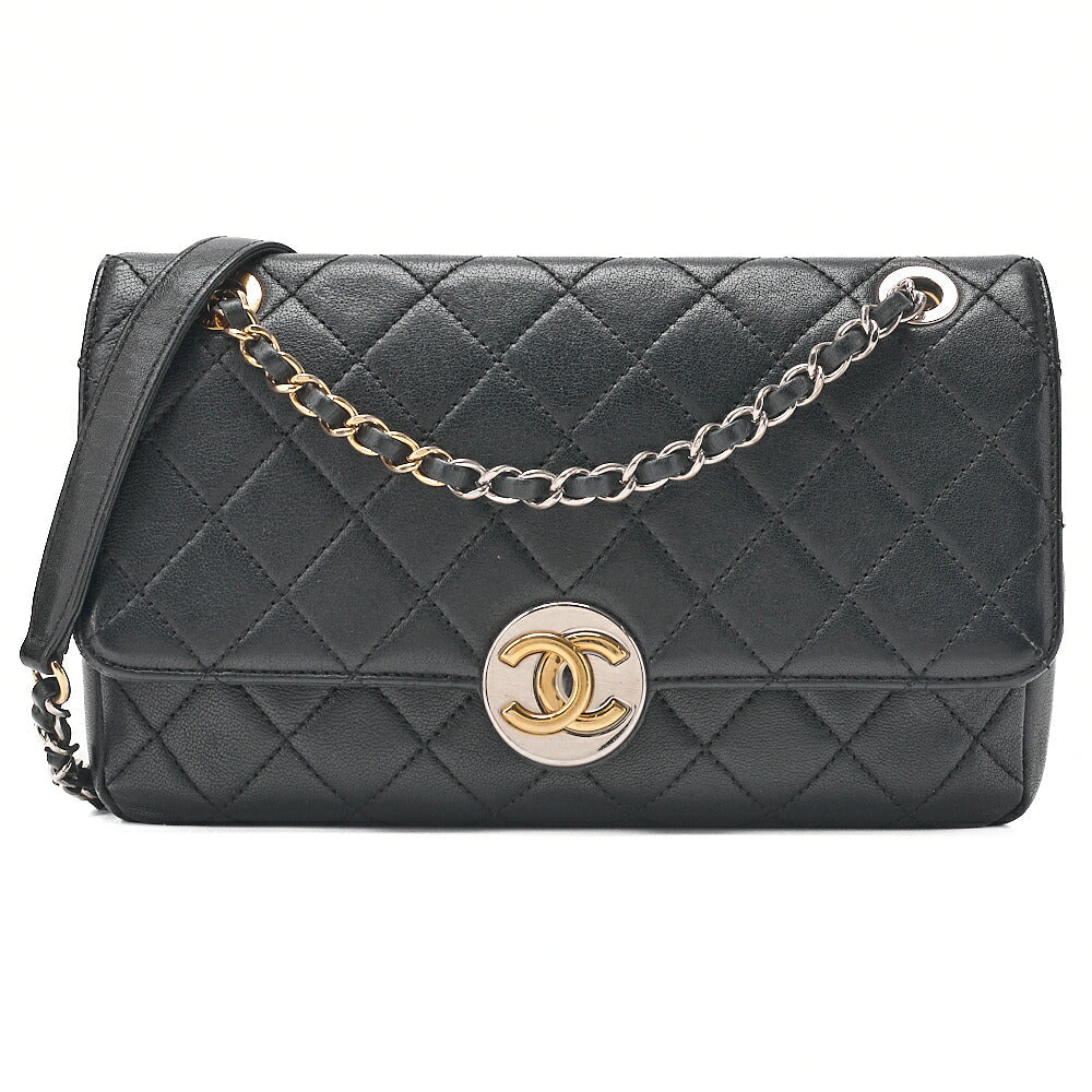 CHANEL Matelasse Circle Coco Single Flap Chain Shoulder Lambskin Black Gold X Silver-Tone Hardware, Pre-Owned