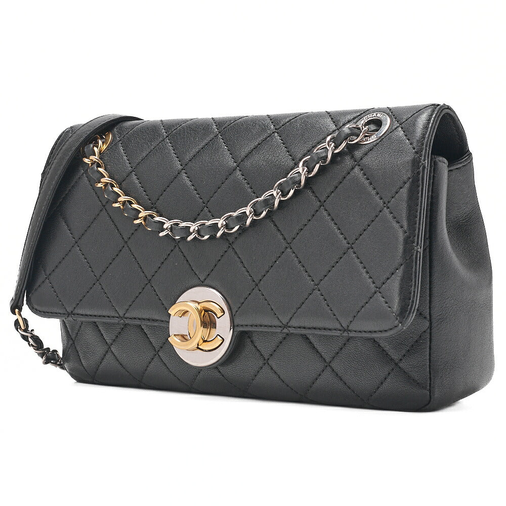 CHANEL Matelasse Circle Coco Single Flap Chain Shoulder Lambskin Black Gold X Silver-Tone Hardware, Pre-Owned