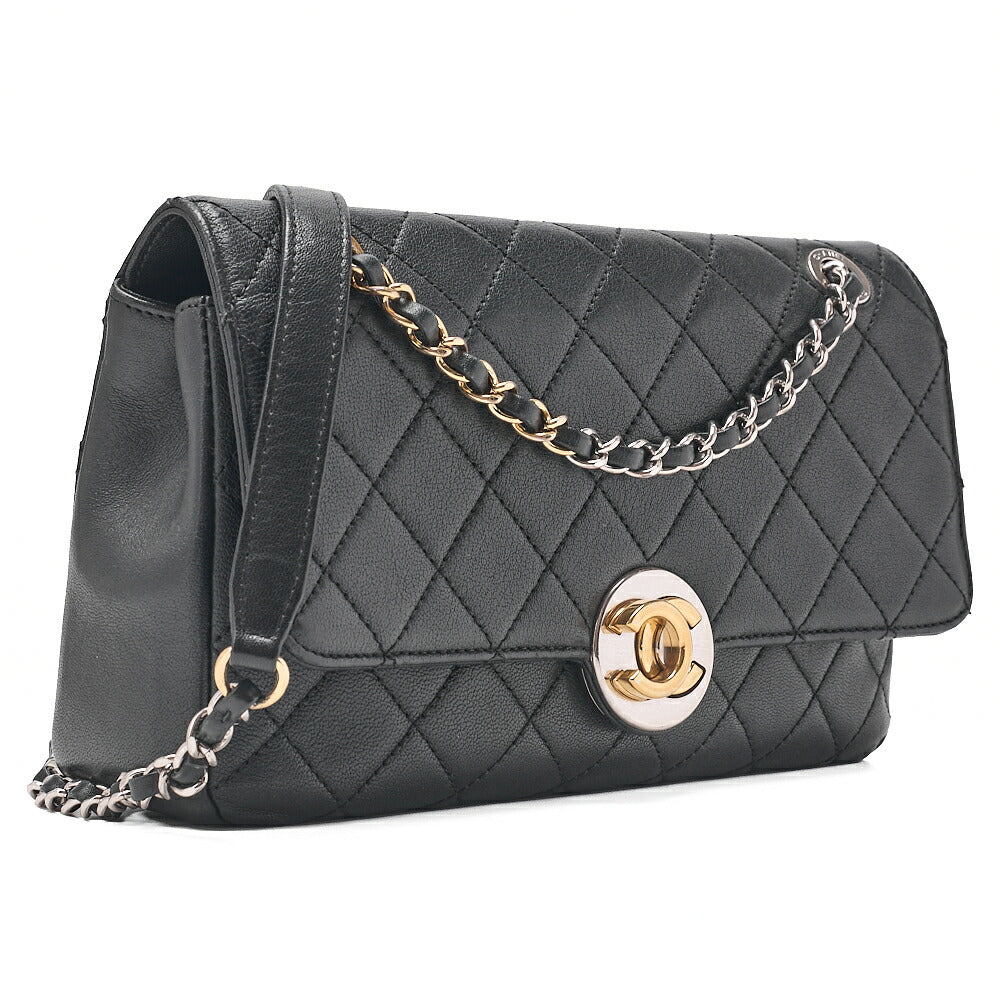 CHANEL Matelasse Circle Coco Single Flap Chain Shoulder Lambskin Black Gold X Silver-Tone Hardware, Pre-Owned