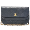 CHANEL Matelasse Half Moon Double Flap Chain Shoulder Bag Lambskin Navy Gold-Tone Hardware, Pre-Owned