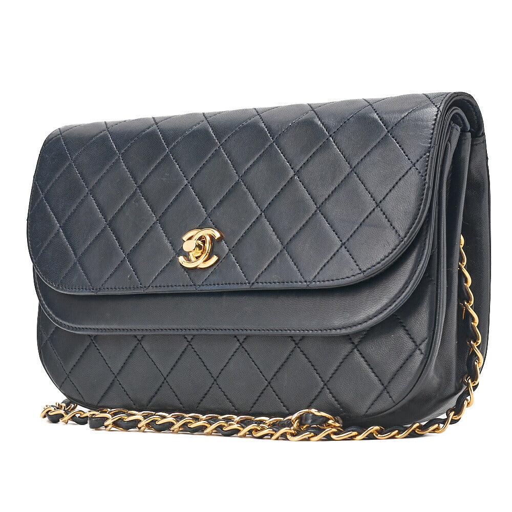 CHANEL Matelasse Half Moon Double Flap Chain Shoulder Bag Lambskin Navy Gold-Tone Hardware, Pre-Owned