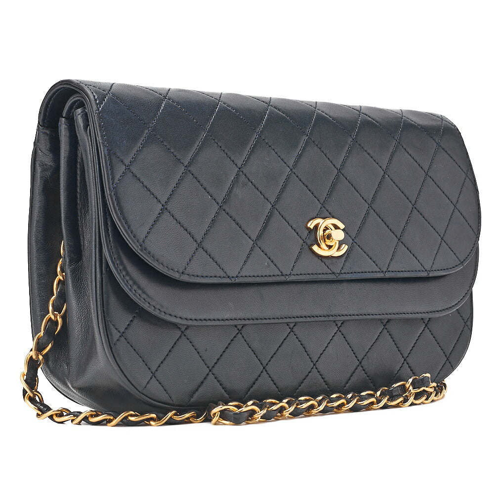 CHANEL Matelasse Half Moon Double Flap Chain Shoulder Bag Lambskin Navy Gold-Tone Hardware, Pre-Owned