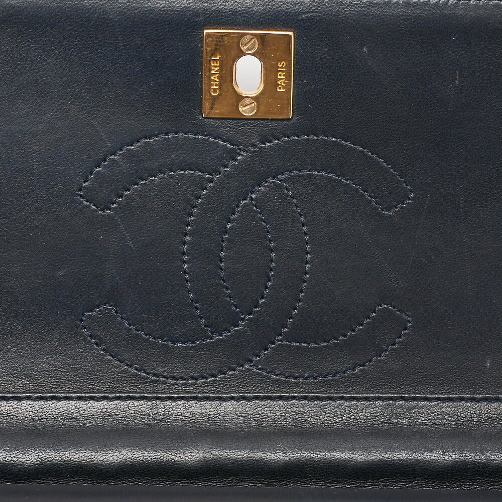 CHANEL Matelasse Half Moon Double Flap Chain Shoulder Bag Lambskin Navy Gold-Tone Hardware, Pre-Owned