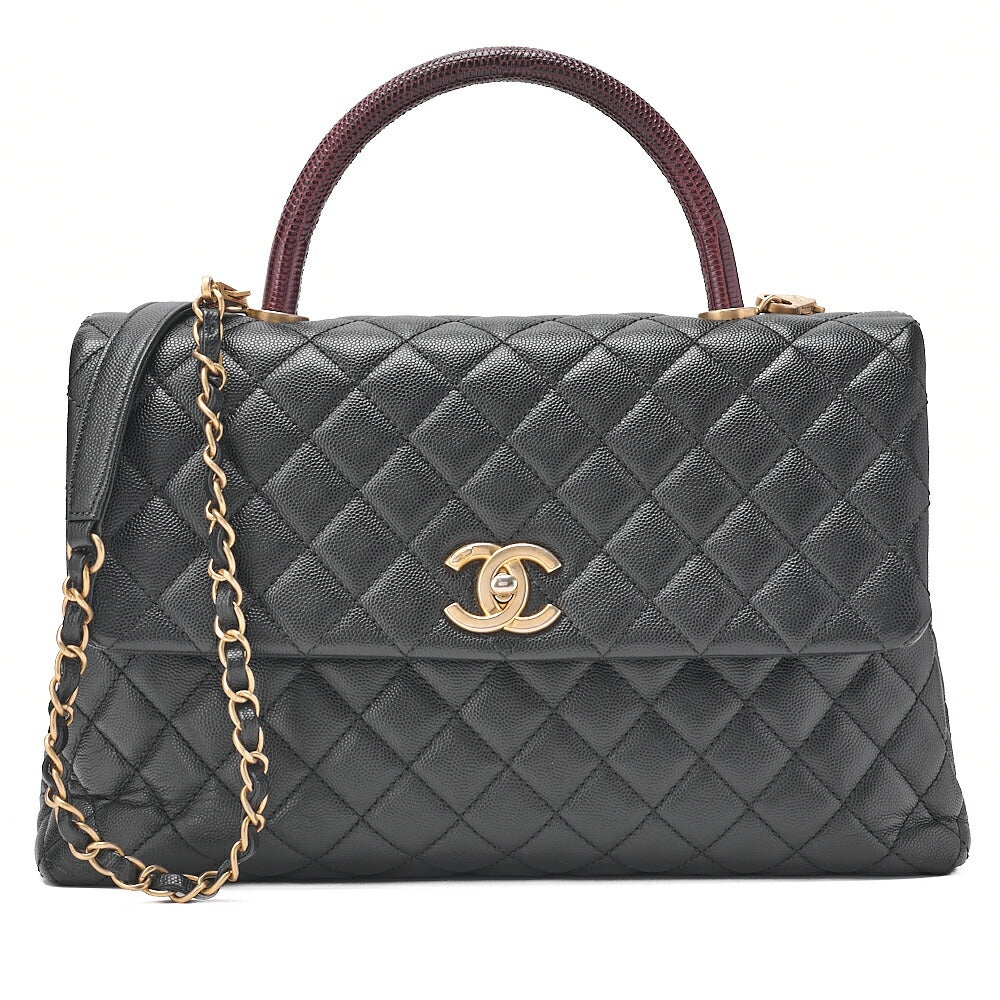 CHANEL Shoulder Bag Matelasse Coco Handle 33 2WAY Handbag Caviar Skin x Lizard Black Gold-Tone Hardware, Pre-Owned