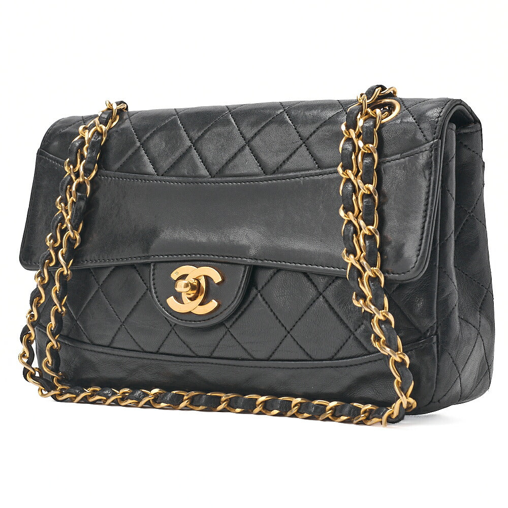 CHANEL Lambskin Matelasse Design Flap with Pouch Single Chain Shoulder Black Gold-Tone Hardware, Pre-Owned