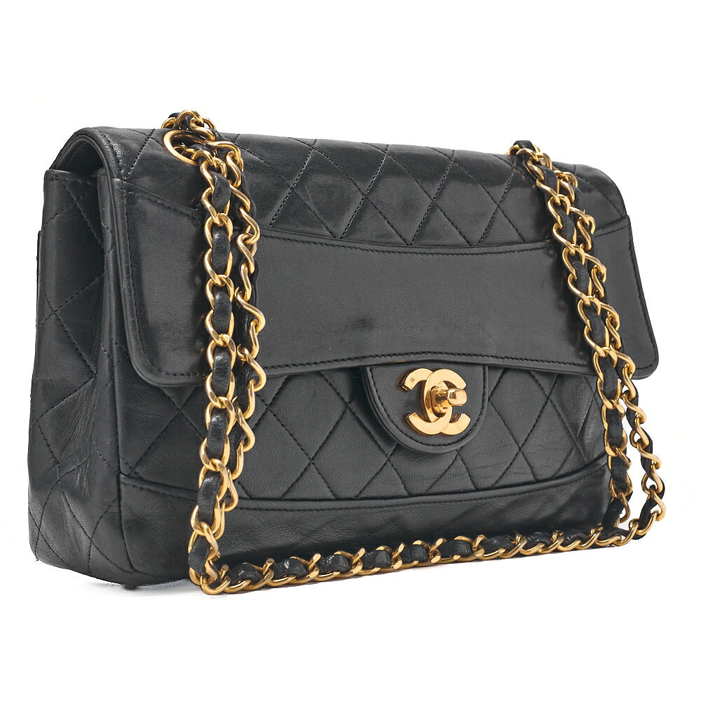 CHANEL Lambskin Matelasse Design Flap with Pouch Single Chain Shoulder Black Gold-Tone Hardware, Pre-Owned