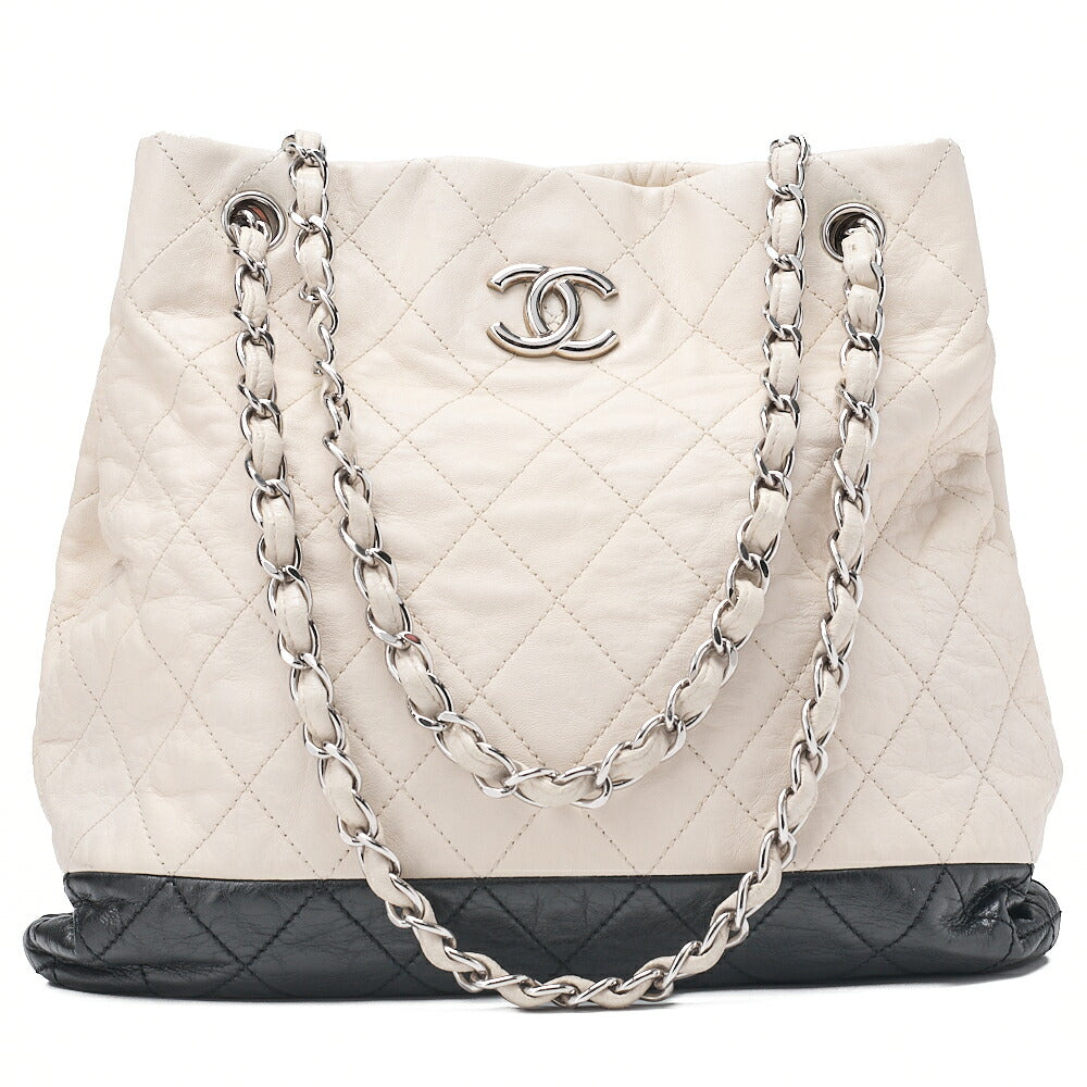 CHANEL Shoulder Bag Vintage Calf Coco Mark Drawstring Bag Black x White Silver-Tone Hardware, Pre-Owned