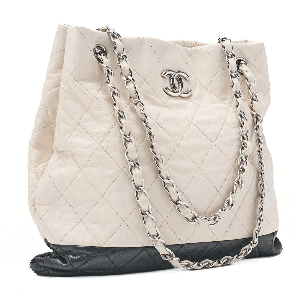CHANEL Shoulder Bag Vintage Calf Coco Mark Drawstring Bag Black x White Silver-Tone Hardware, Pre-Owned