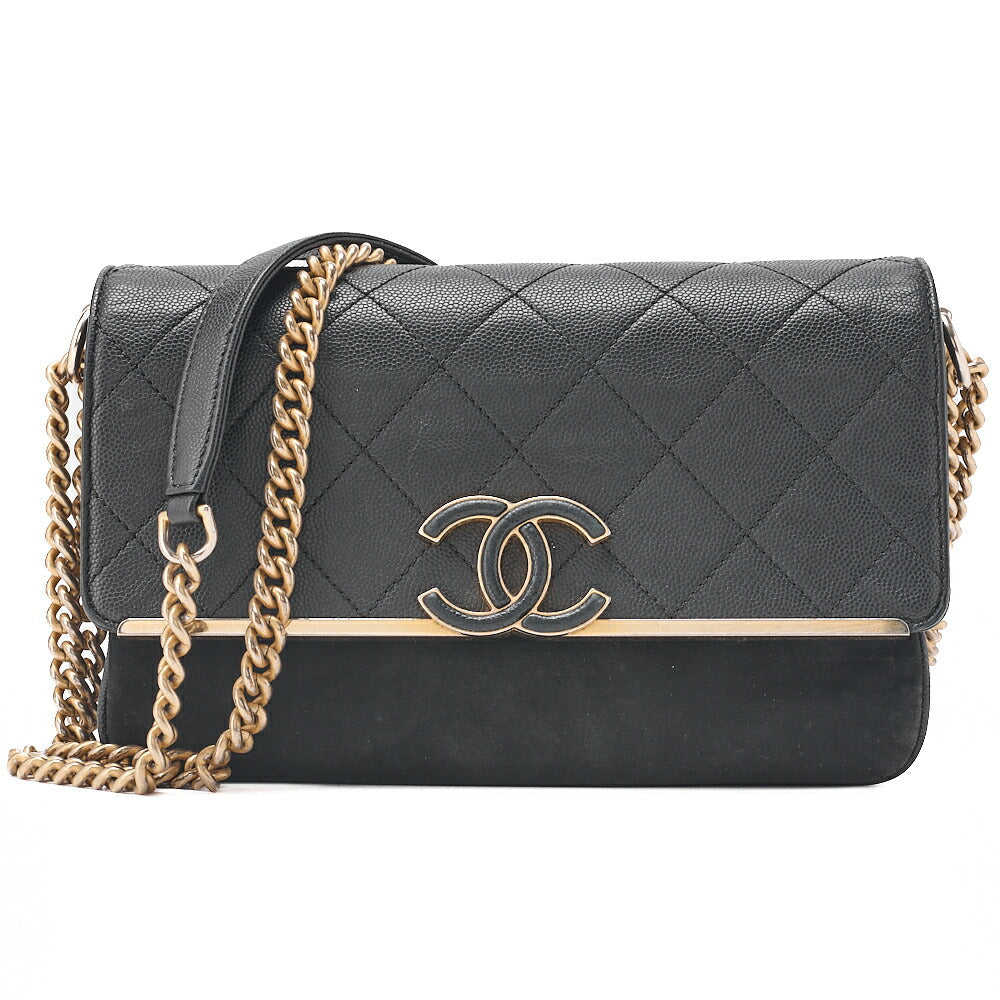 CHANEL Caviar Skin x Suede Matlasse Chain Shoulder Black Gold-Tone Hardware, Pre-Owned