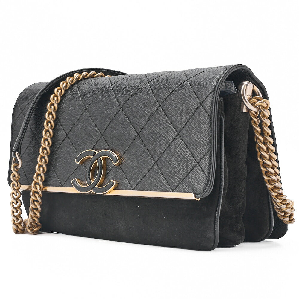CHANEL Caviar Skin x Suede Matlasse Chain Shoulder Black Gold-Tone Hardware, Pre-Owned