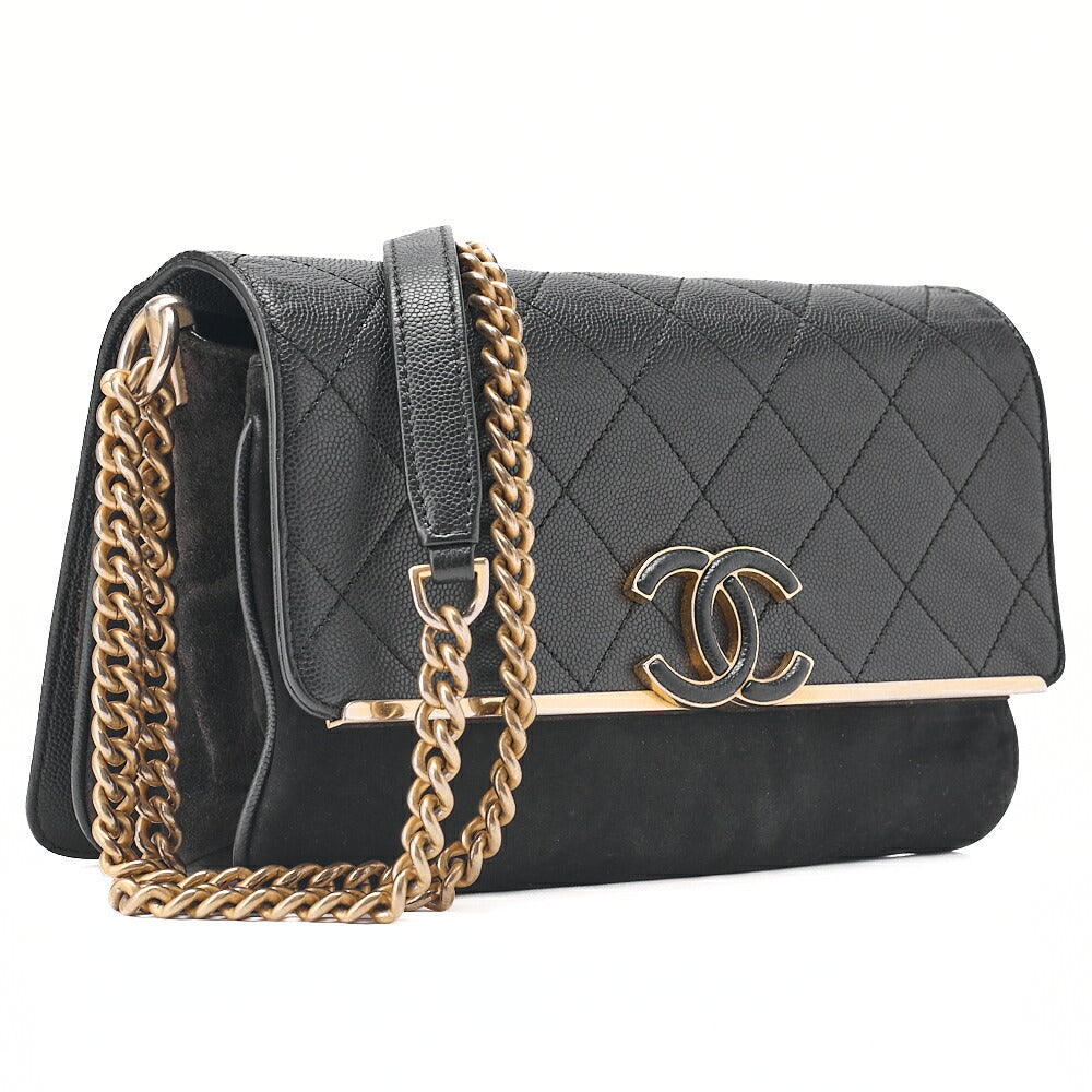 CHANEL Caviar Skin x Suede Matlasse Chain Shoulder Black Gold-Tone Hardware, Pre-Owned