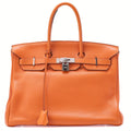 HERMES Birkin 35 Handbag Togo Orange Silver-Tone Hardware, Pre-Owned