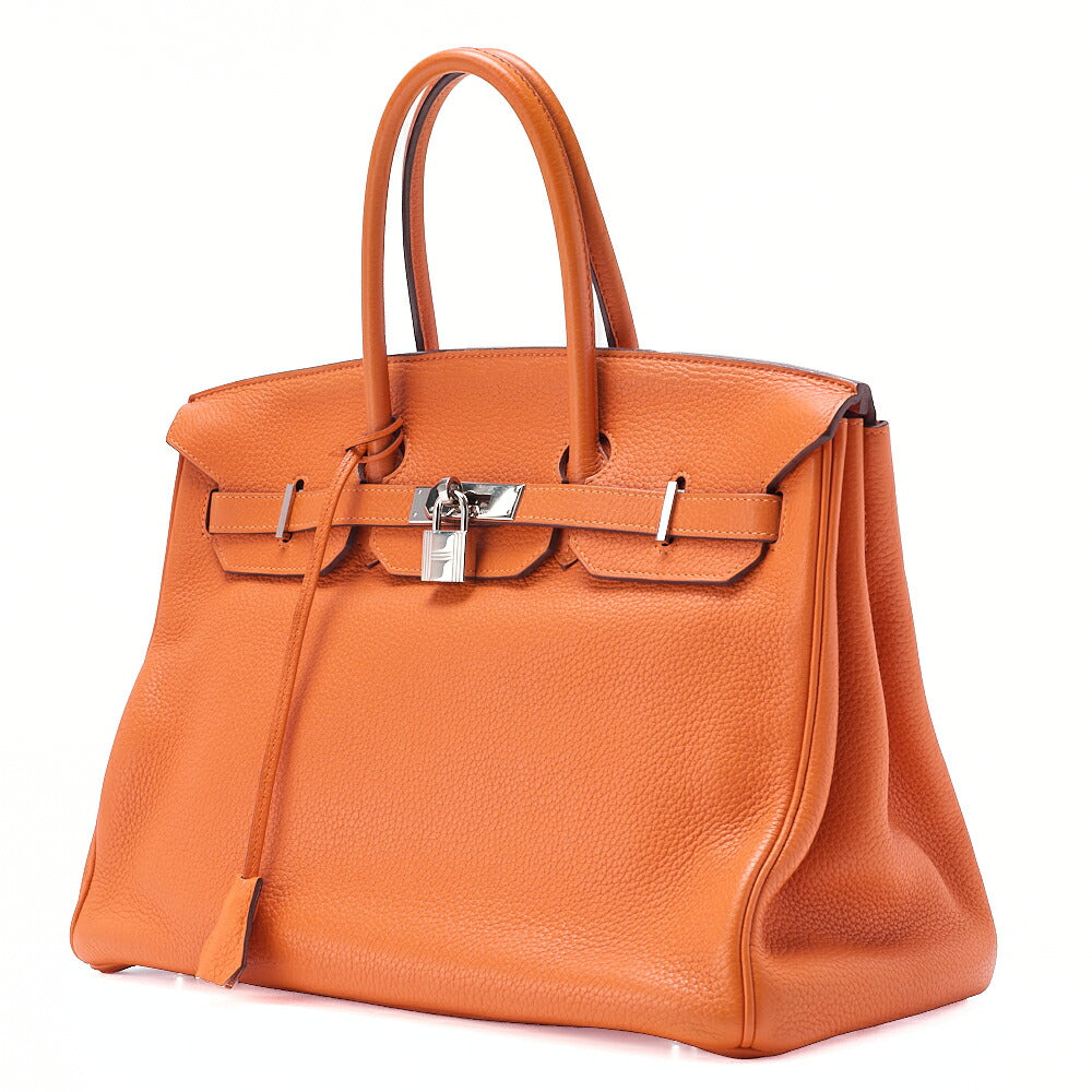 HERMES Birkin 35 Handbag Togo Orange Silver-Tone Hardware, Pre-Owned