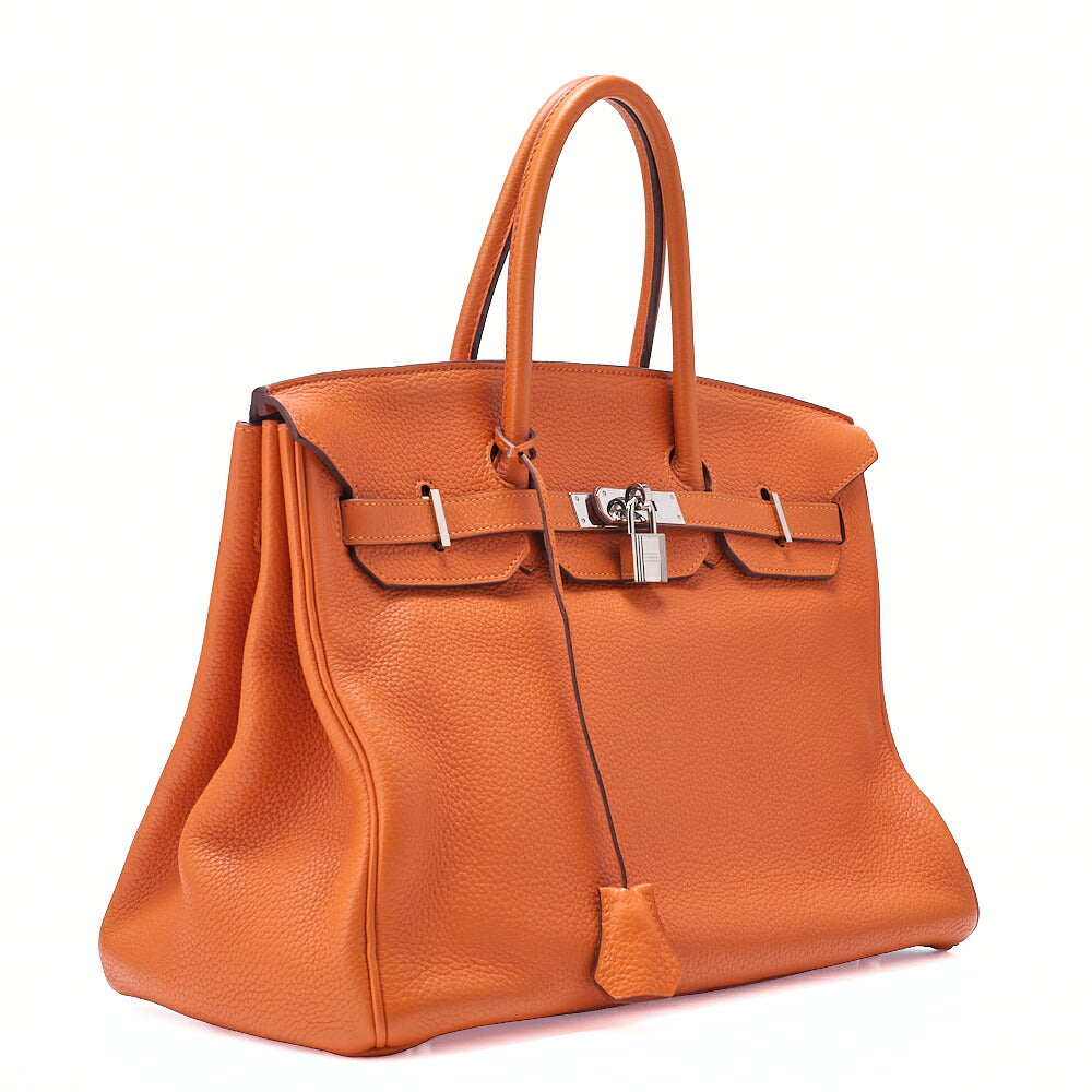 HERMES Birkin 35 Handbag Togo Orange Silver-Tone Hardware, Pre-Owned