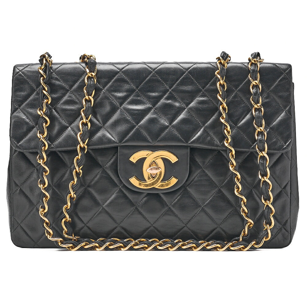 CHANEL Chain Shoulder Bag Deca Matelasse 34cm Single Flap Lambskin Black Gold-Tone Hardware, Pre-Owned
