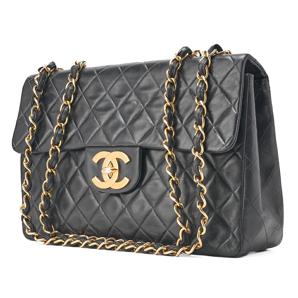 CHANEL Chain Shoulder Bag Deca Matelasse 34cm Single Flap Lambskin Black Gold-Tone Hardware, Pre-Owned
