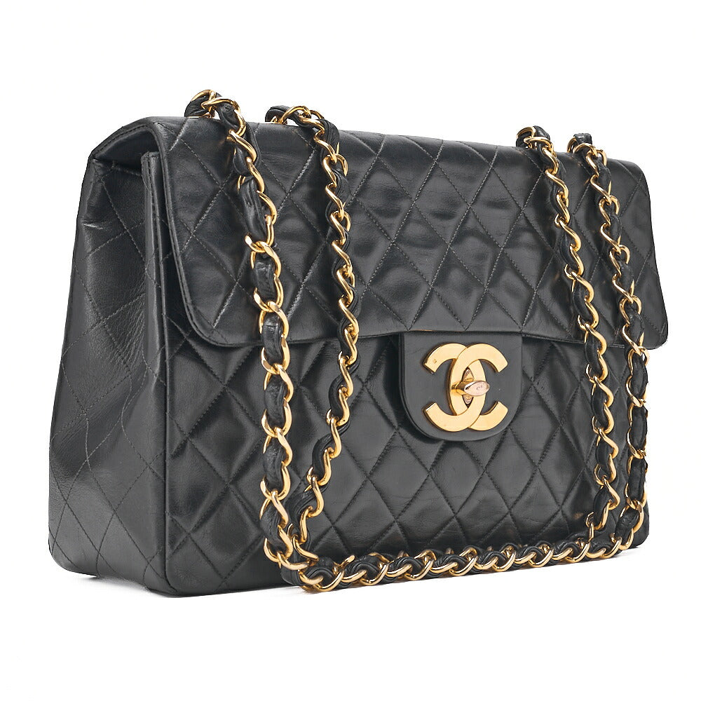 CHANEL Chain Shoulder Bag Deca Matelasse 34cm Single Flap Lambskin Black Gold-Tone Hardware, Pre-Owned