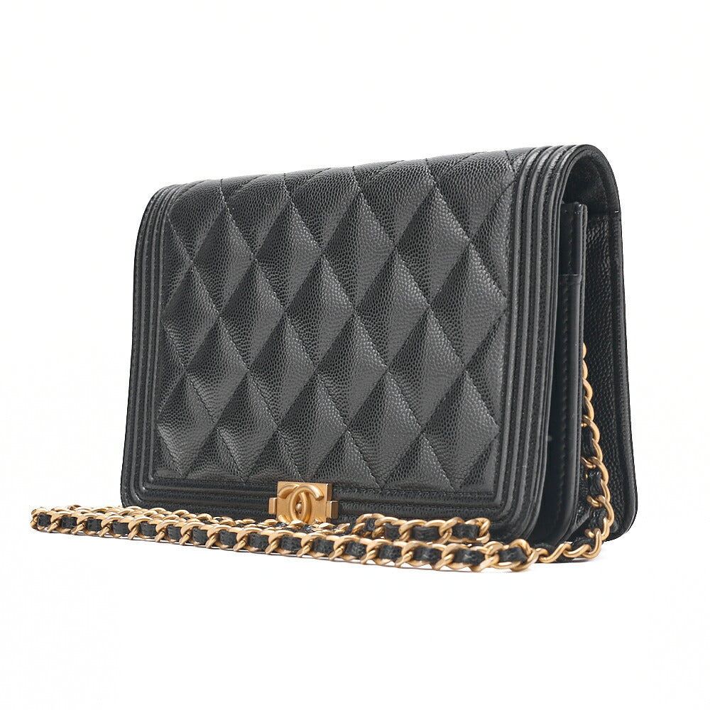 CHANEL Boy Chanel Matelasse Chain Wallet Caviar Skin Black Gold-Tone Hardware, Pre-Owned