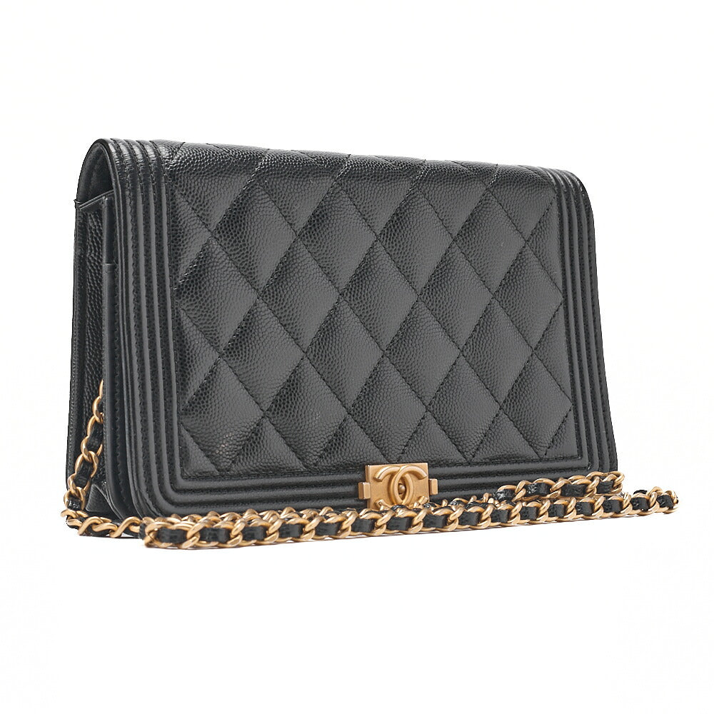 CHANEL Boy Chanel Matelasse Chain Wallet Caviar Skin Black Gold-Tone Hardware, Pre-Owned