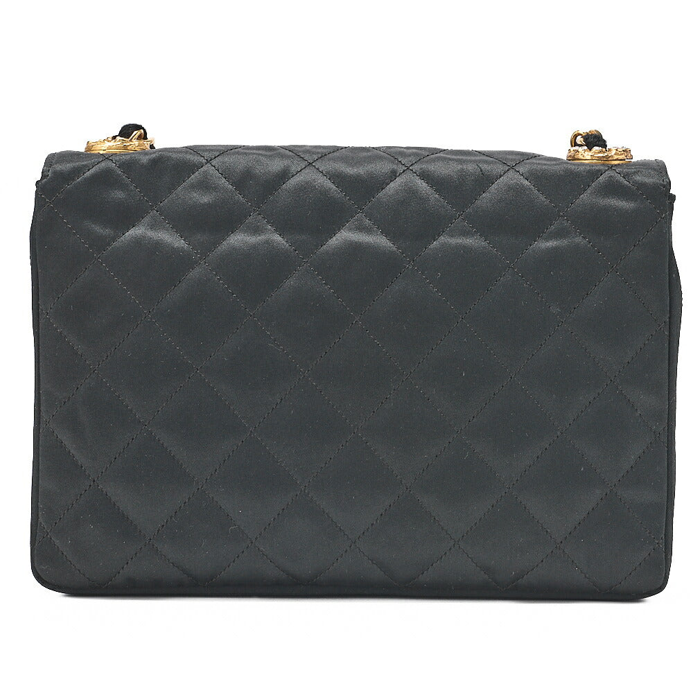 CHANEL Matelasse V-Flap Rhinestone Chain Shoulder Bag Satin Black Gold-Tone Hardware, Pre-Owned