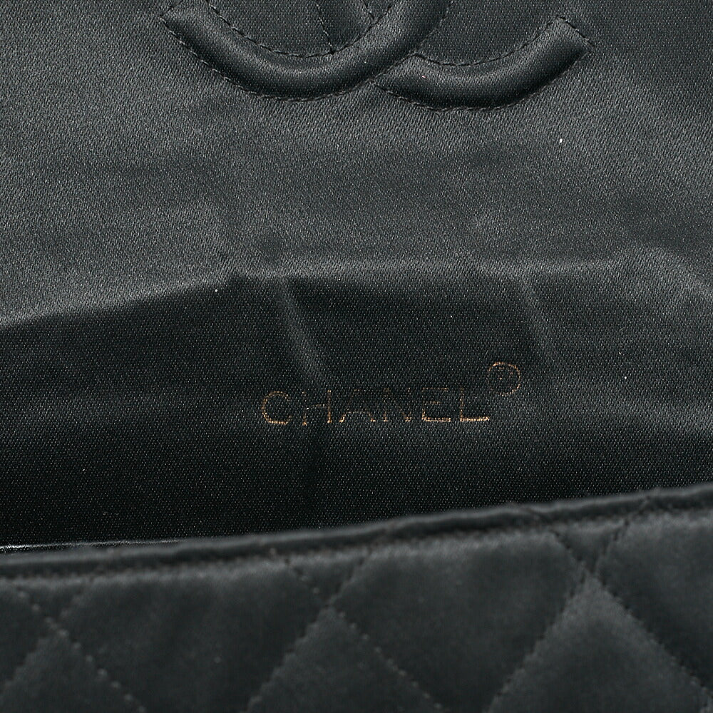 CHANEL Matelasse V-Flap Rhinestone Chain Shoulder Bag Satin Black Gold-Tone Hardware, Pre-Owned