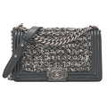 CHANEL Tweed ｘ Lambskin Boy Chanel Braided Chain Shoulder Black x White Silver-Tone Hardware, Pre-Owned