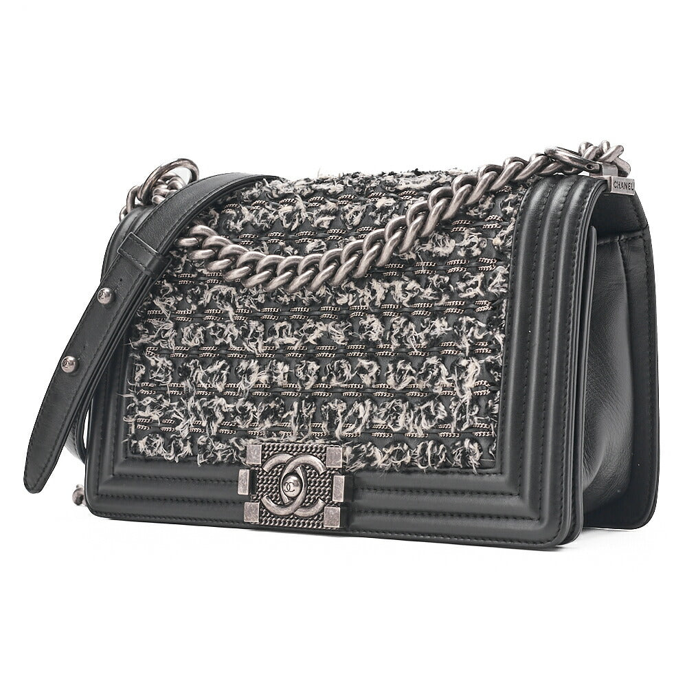 CHANEL Tweed ｘ Lambskin Boy Chanel Braided Chain Shoulder Black x White Silver-Tone Hardware, Pre-Owned