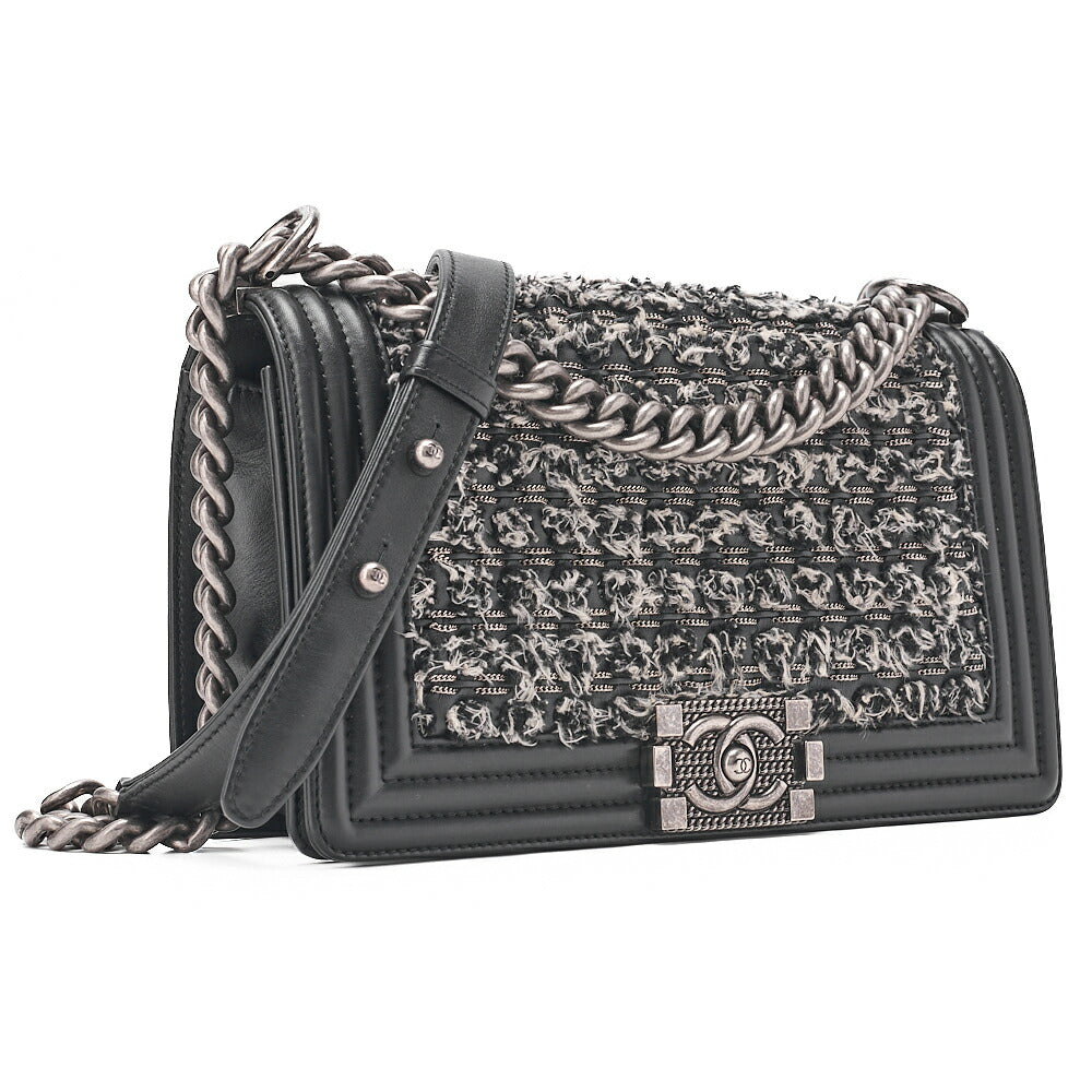 CHANEL Tweed ｘ Lambskin Boy Chanel Braided Chain Shoulder Black x White Silver-Tone Hardware, Pre-Owned
