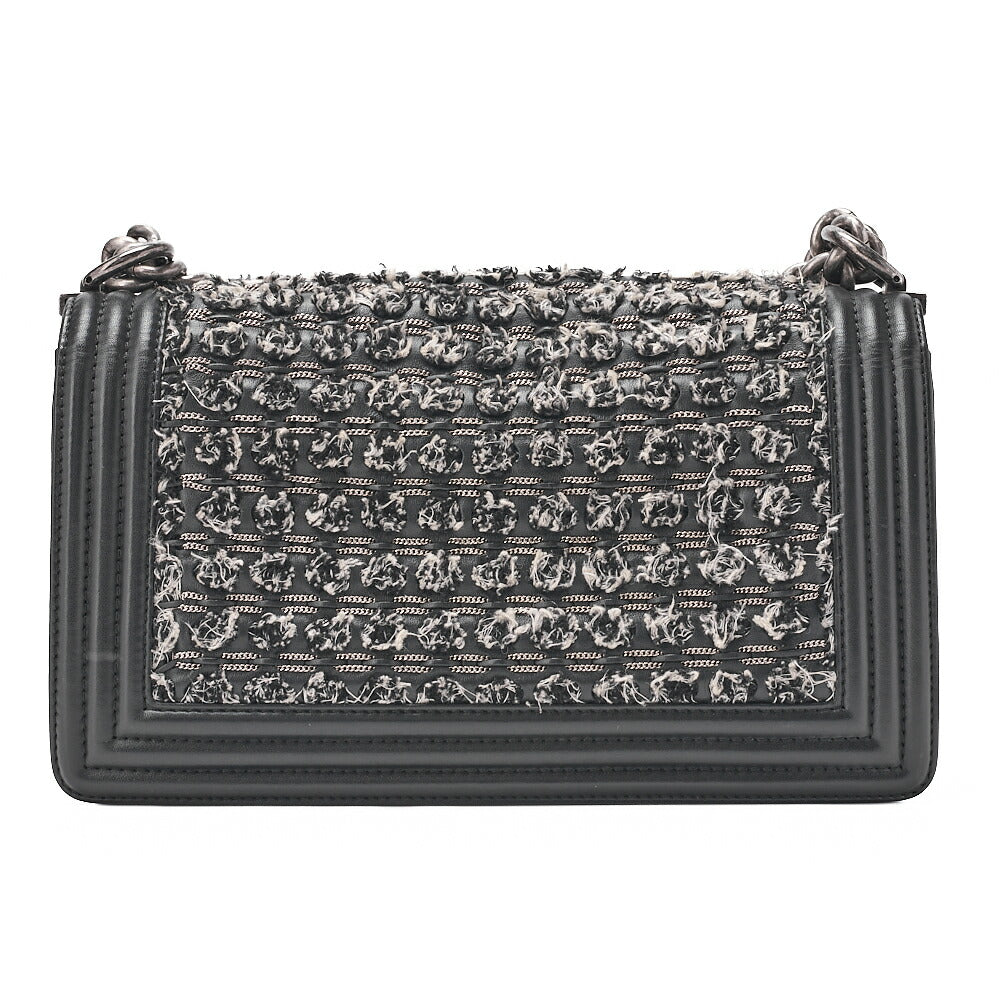 CHANEL Tweed ｘ Lambskin Boy Chanel Braided Chain Shoulder Black x White Silver-Tone Hardware, Pre-Owned