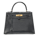 HERMES Kelly 28 Crocodile Handbag Black Gold-Tone Hardware, Pre-Owned