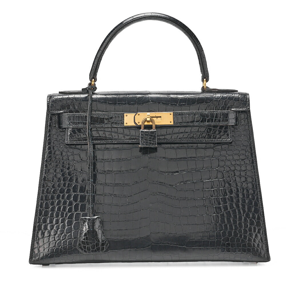 HERMES Kelly 28 Crocodile Handbag Black Gold-Tone Hardware, Pre-Owned