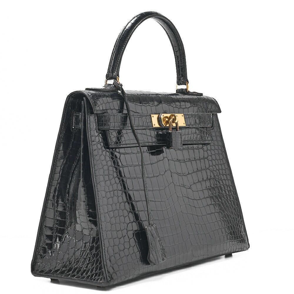 HERMES Kelly 28 Crocodile Handbag Black Gold-Tone Hardware, Pre-Owned