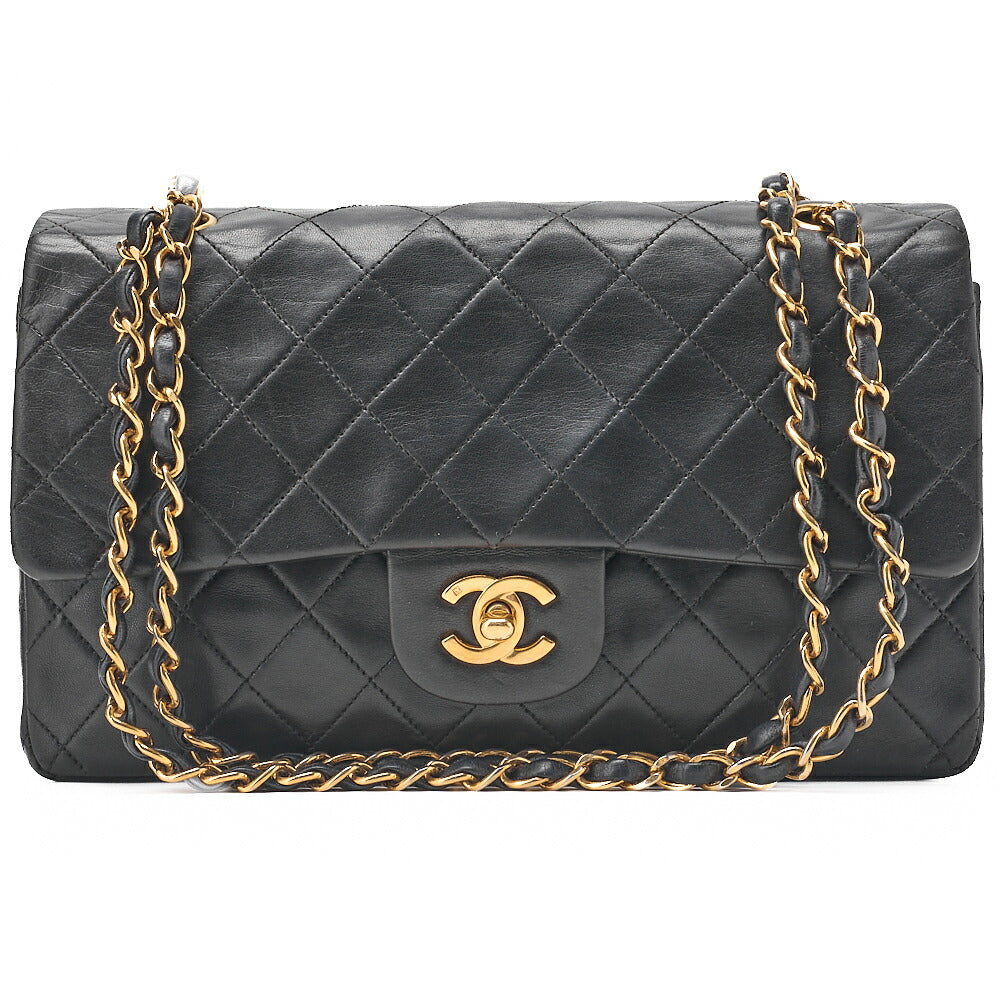 CHANEL Lambskin Matelasse 25cm Double Flap Chain Shoulder Black Gold-Tone Hardware, Pre-Owned